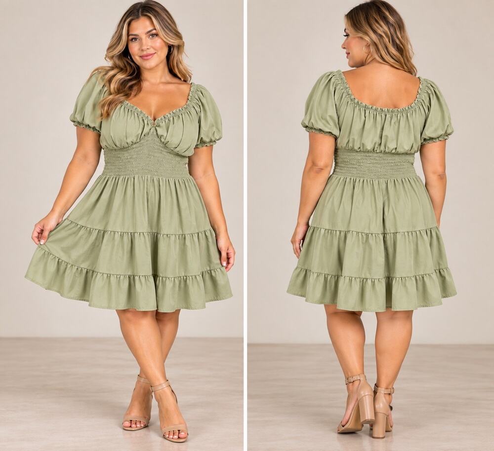 Justify Women's Green Babydoll Dress XL Square Neck Smocked Puff Short Sleeve